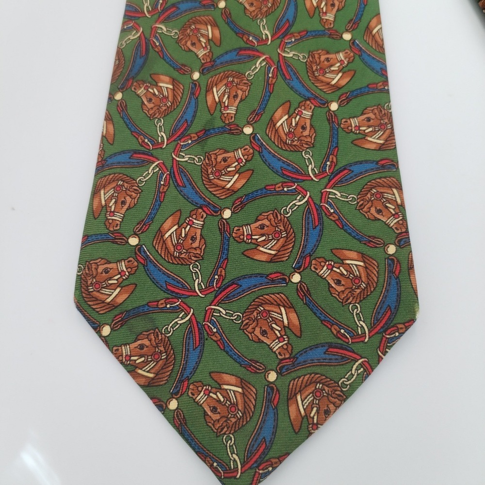 Aquascutum Tie Silkâ Handmade In England Necktie Horses Equestrian Green Brown